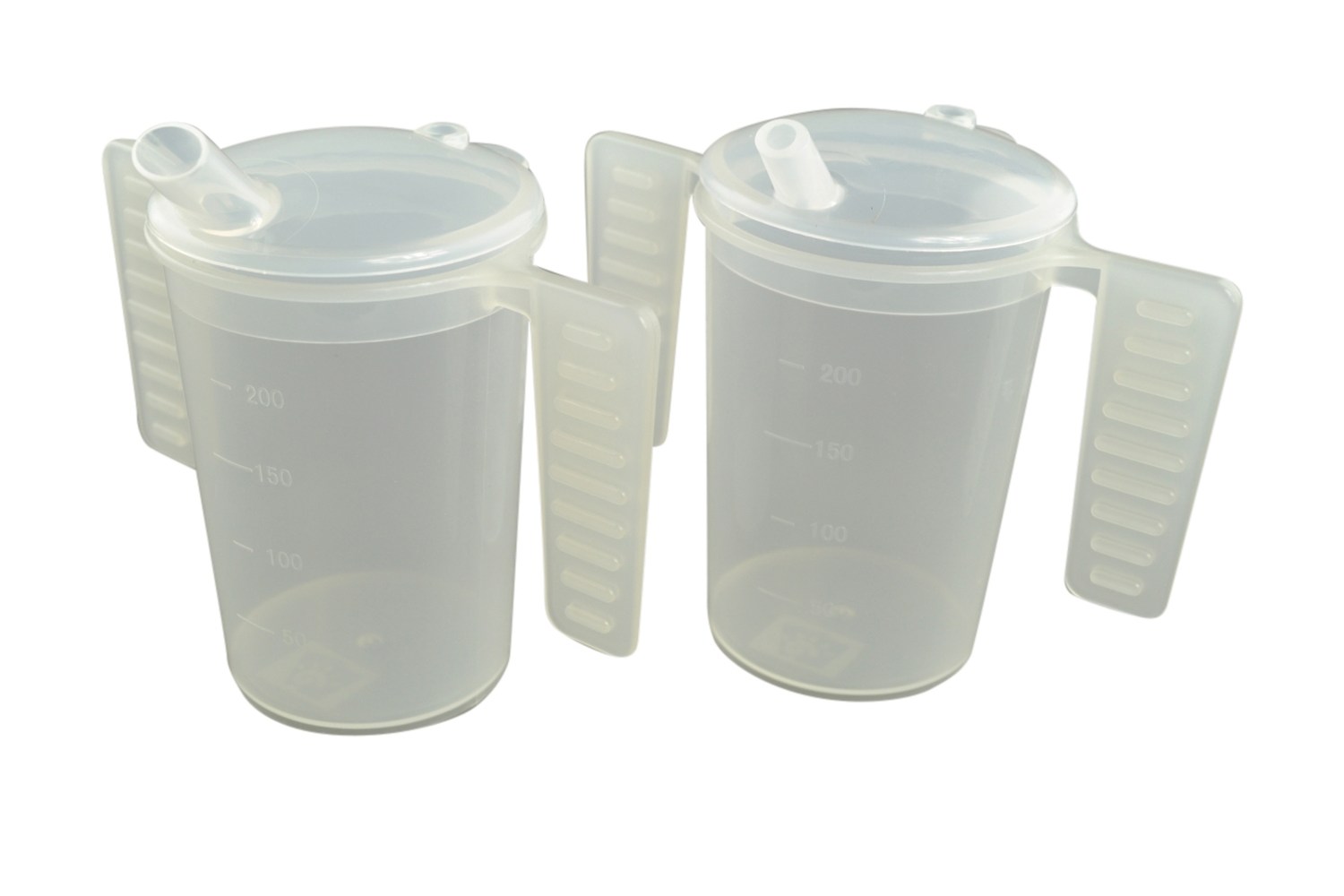 Drinkbeker met platte handgrepen en twee tuitdeksels